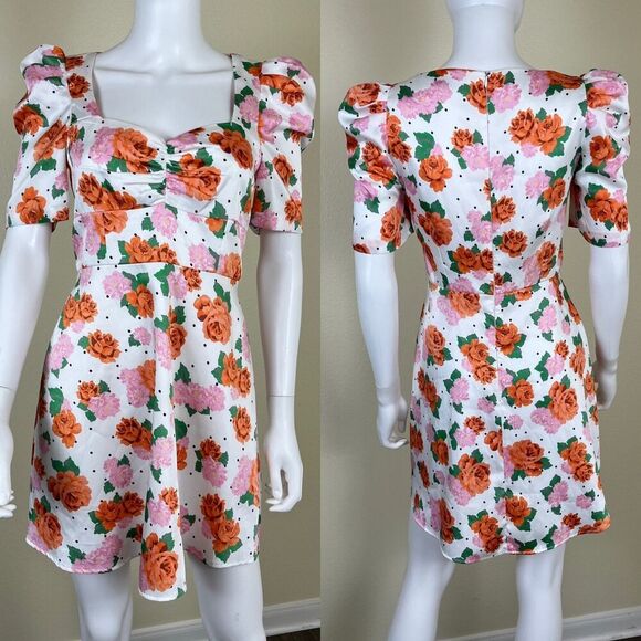 Zara Women Size S Floral Satin Rose Polka Dot Mini Dress Blogger Favorite Preppy